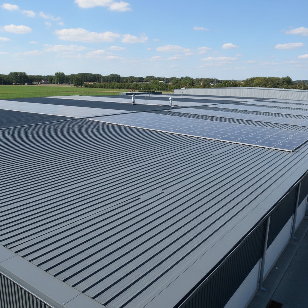 Paneles solares instalados en la amplia cubierta metálica gris de una nave industrial.