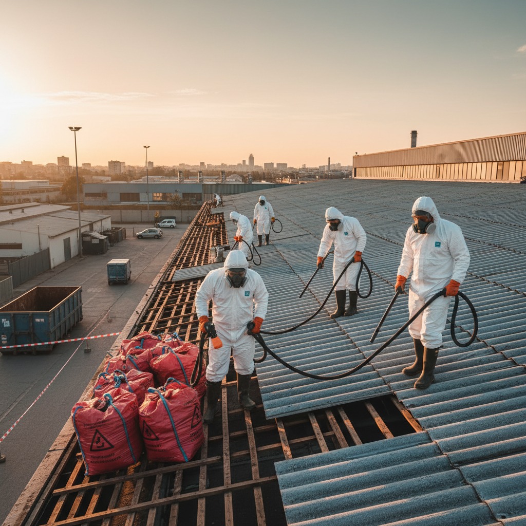 Operarios con trajes de protección blanca y mascarillas retiran placas de un tejado industrial al atardecer.